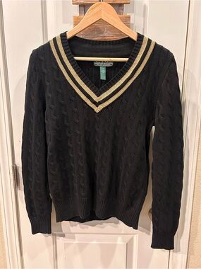 Ralph Lauren Active Black Cable-Knit Sweater Preppy V-neck Gold Trim Academia